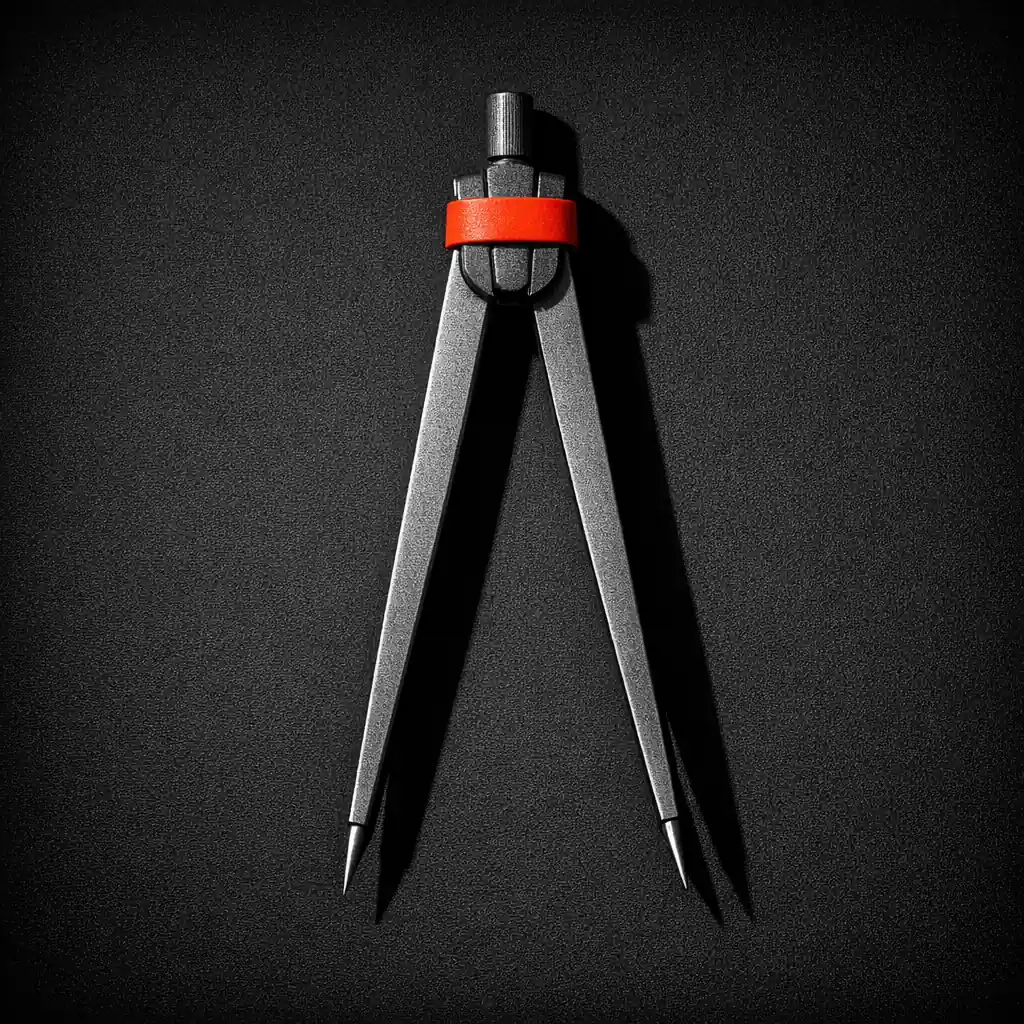 Precision drafting dividers laid flat on black surface with a matte vermillion band around the grip, representing measurement methodology