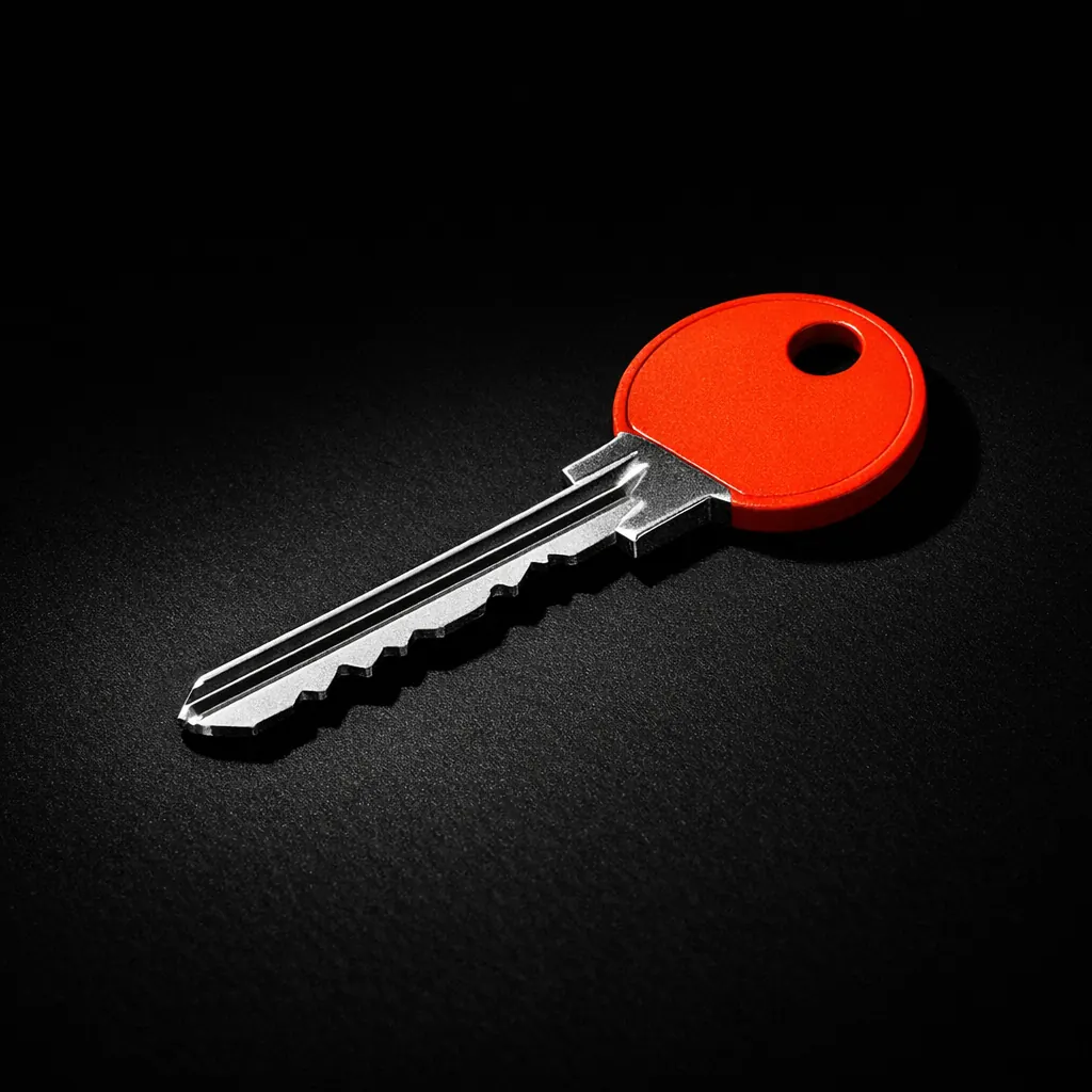A plain modern key with a matte vermillion enameled bow, illustrating Face ID and Touch ID authentication at non gamstop mobile casinos