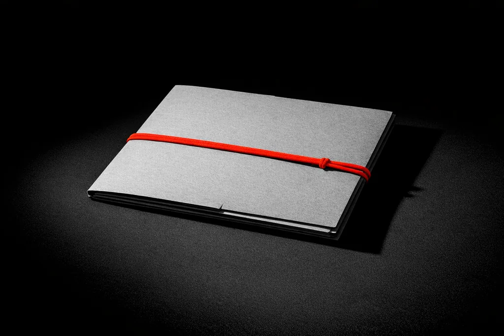 Closed manila folder tied horizontally with a matte vermillion cord representing licence dispute records
