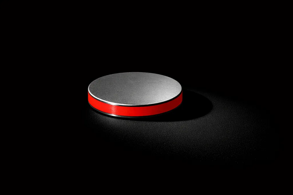 A single plain matte disc-shaped token on black surface with a matte vermillion band around the rim, representing bonus eligibility per rail